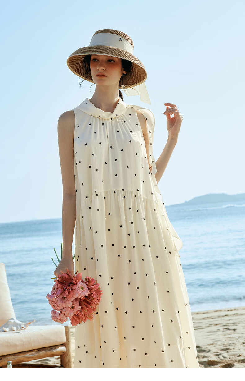 Olrain French Style Polka Dot Ruffled Neck Tie Loose Sleeveless Long Dress for Women, Polka Dot, Size S 15