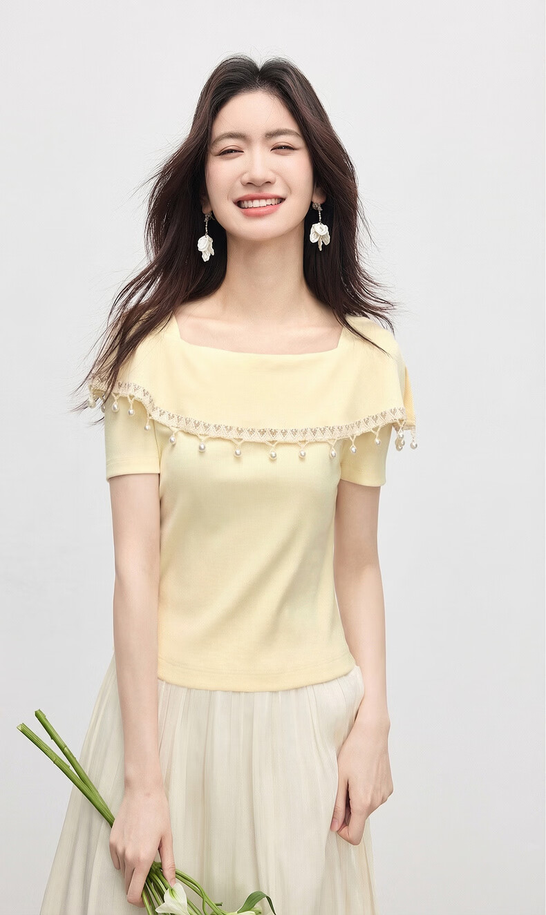 Sllsky Bohemian Tassel Square Neck T-Shirt Women Unique Design Off-Shoulder Crop Top 2026 Summer 2