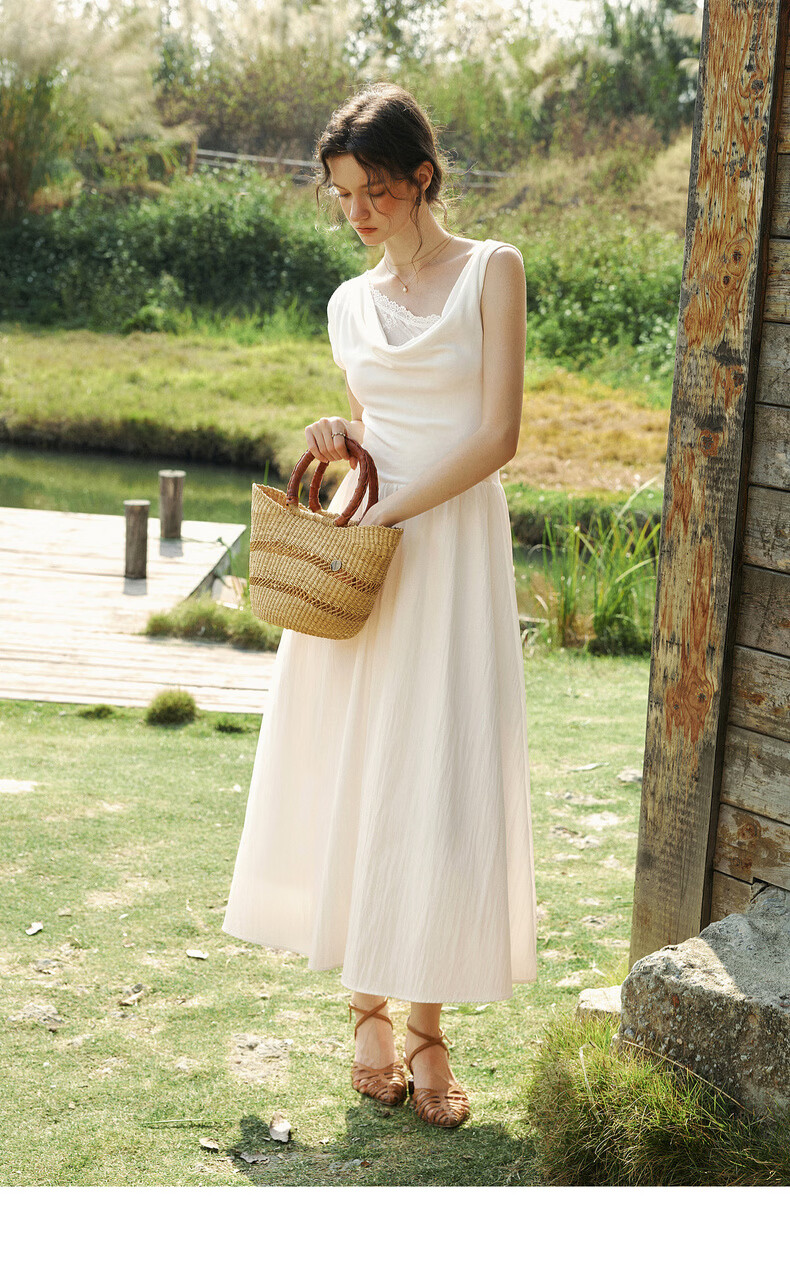 Olrain Eurielle Summer Lyocell Dress French Asymmetric Off-Shoulder Lace Splice Waist Dress White L 11