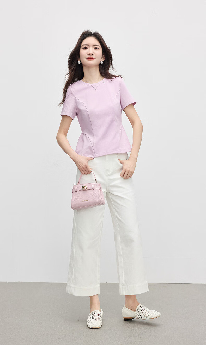 Sllsky Beautiful Pink Purple Short Sleeve T-Shirt Women Summer Round Neck Ruffle Hem Short Shoulder Crop Top 4