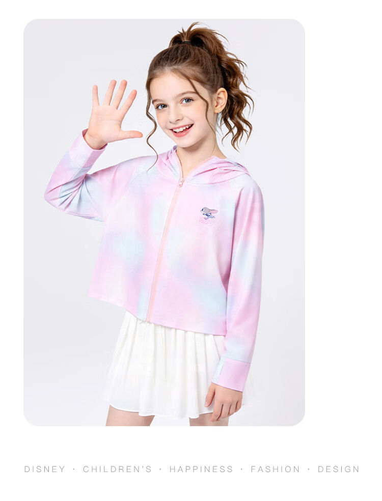 Disney Kids UPF50+ Ice Silk Cooling Tie-Dye Sun Protection Jacket Summer 2026 Girls Breathable Hooded Coat Pink Size 160 18