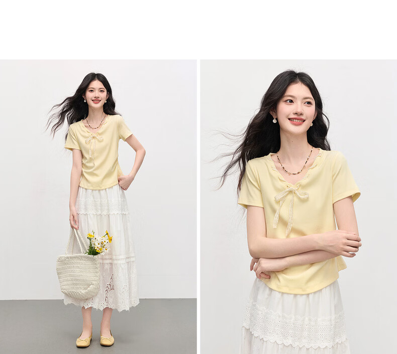 Sllsky Yellow Bow Tie V-Neck Short Sleeve T-Shirt Summer Women's Stylish Waist-Cinching Top 14