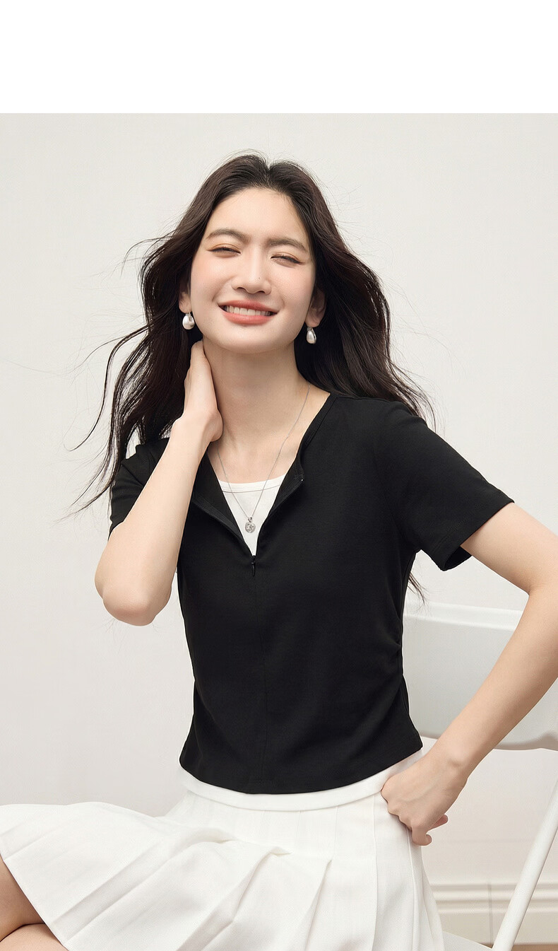 Sllsky Women's Summer 2026 New Slim Fit Shoulder Pleated Waist Short Sleeve Two-Piece Style T-Shirt 22
