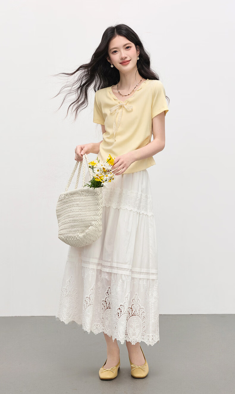 Sllsky Yellow Bow Tie V-Neck Short Sleeve T-Shirt Summer Women's Stylish Waist-Cinching Top 5