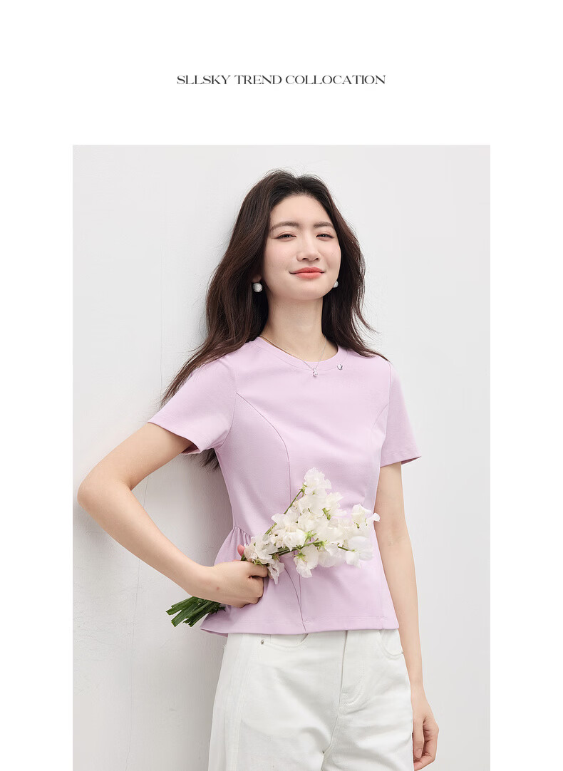 Sllsky Beautiful Pink Purple Short Sleeve T-Shirt Women Summer Round Neck Ruffle Hem Short Shoulder Crop Top 16