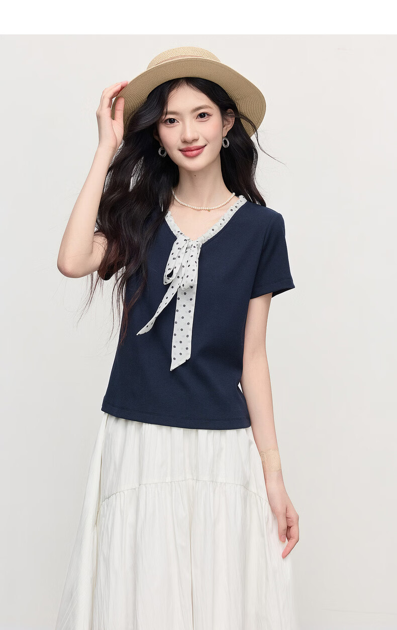 Sllsky Polka Dot Bow Tie V-Neck T-Shirt for Women 2026 Summer New Fashion Casual Short Sleeve Top 14