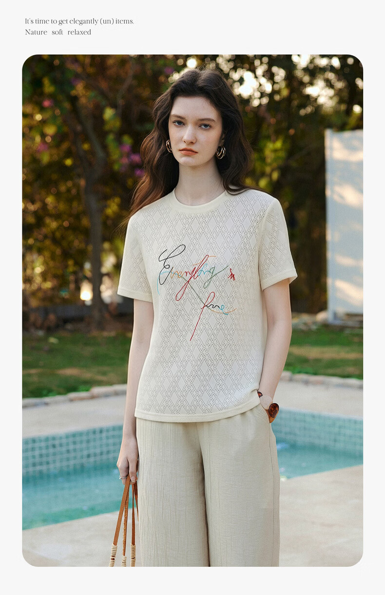 Olrain Summer New Round Neck Textured Hollow Jacquard Embroidered Short Sleeve Knit T-Shirt Women Off-White M 6