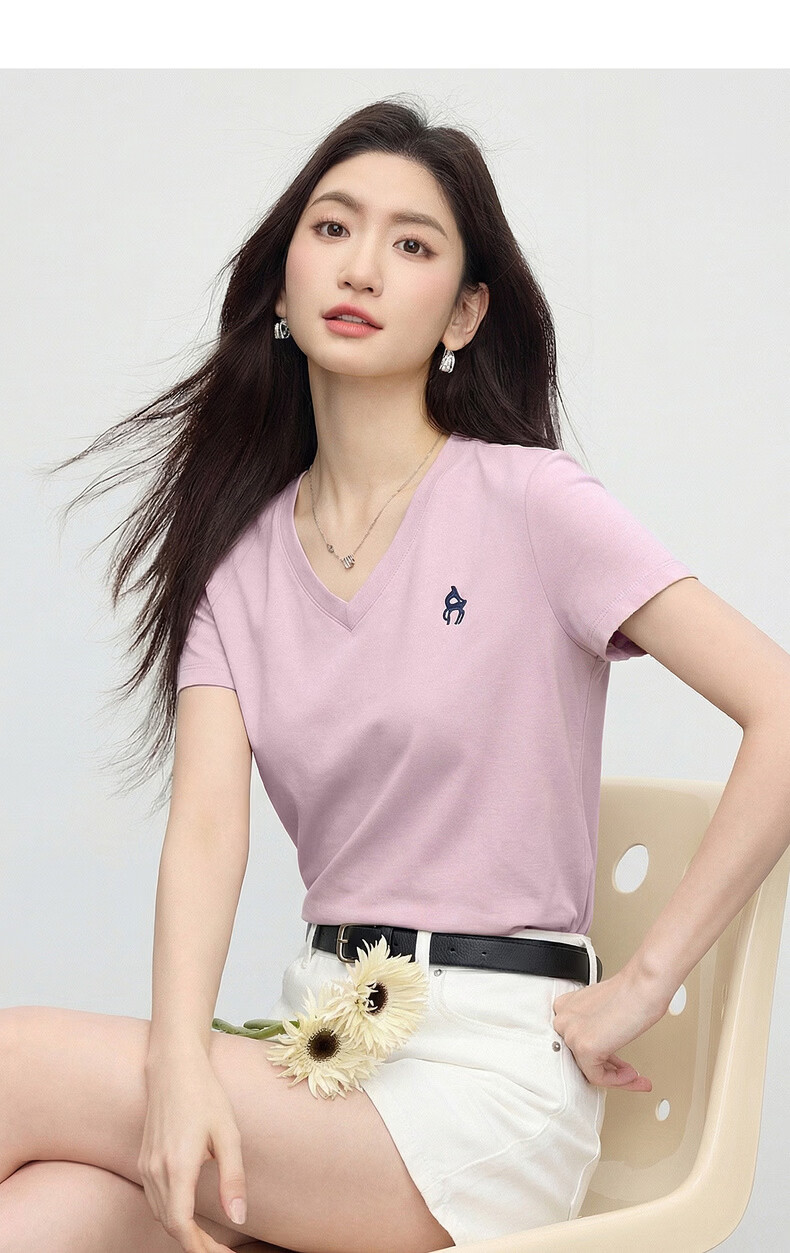 Sllsky Xinjiang Cotton V-Neck Shoulder T-Shirt Women 2026 Summer New Commuter Embroidered Short Sleeve Cool Top 14
