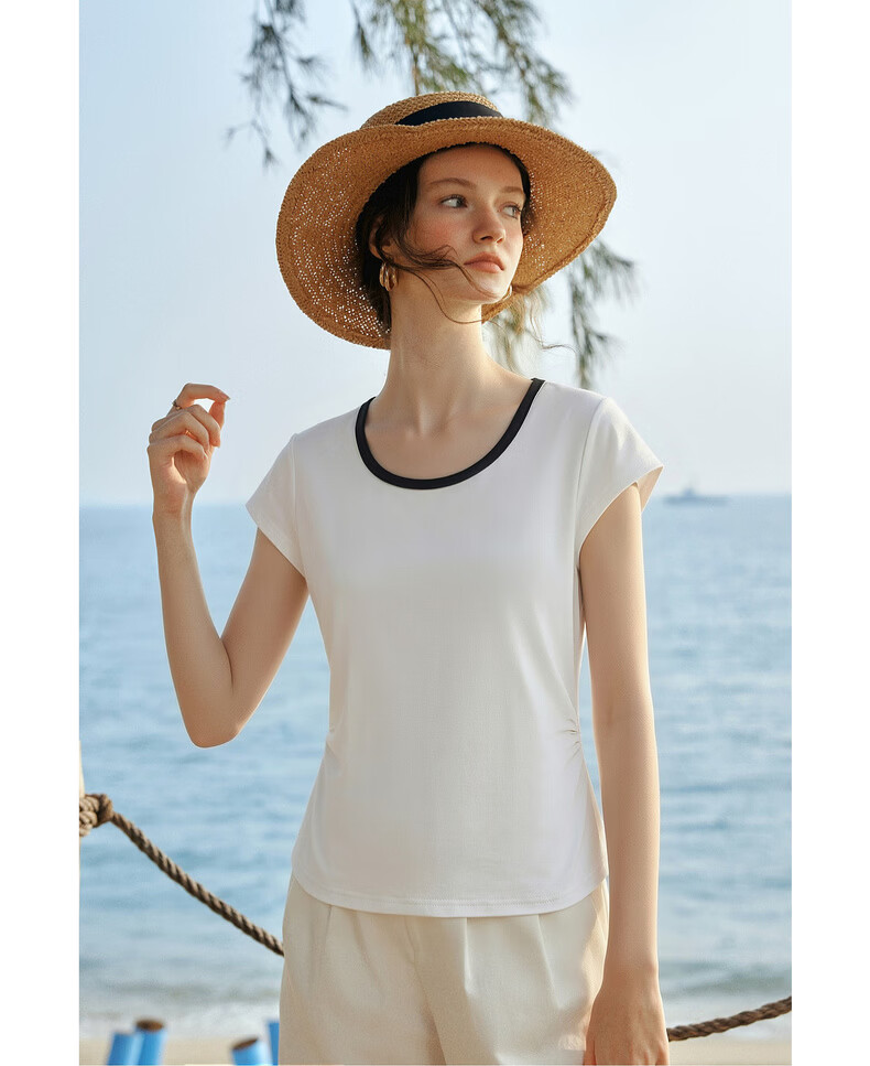 Olrain Eurielle Summer New Pleated Waist Slim Fit Color-Block Round Neck Short Sleeve T-Shirt Women Casual Top White XL 12
