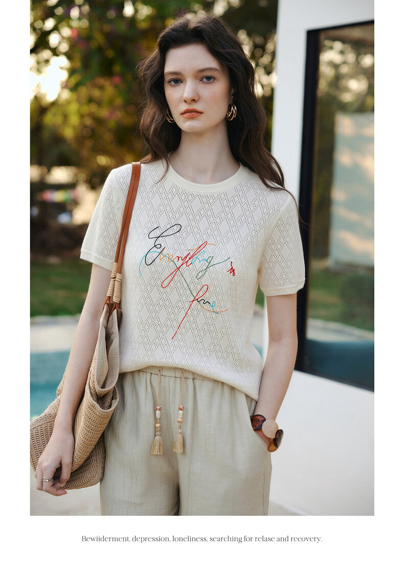 Olrain Summer New Round Neck Textured Hollow Jacquard Embroidered Short Sleeve Knit T-Shirt Women Off-White M 10