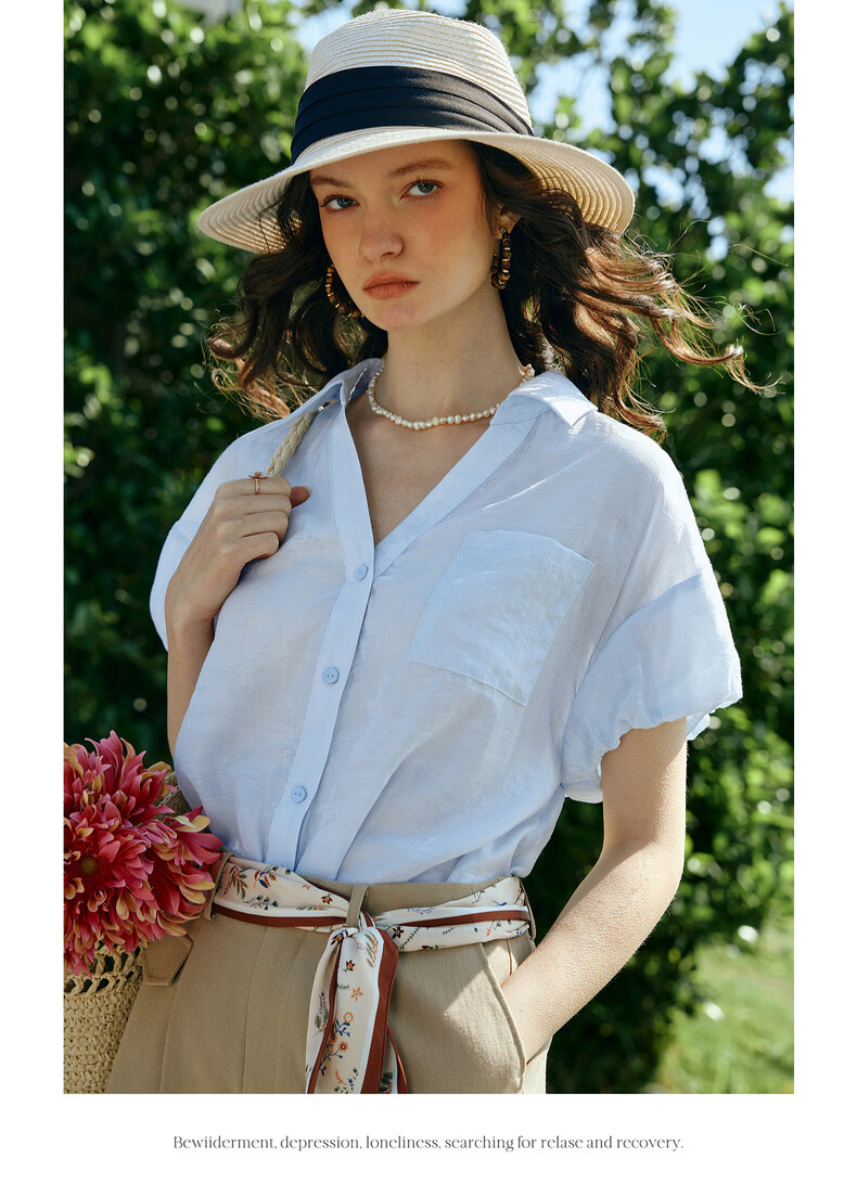 Olrain Eurier Summer New Tencel Puff Sleeve V-Neck Short Sleeve Shirt Women Loose Commuting Top Blue S 11