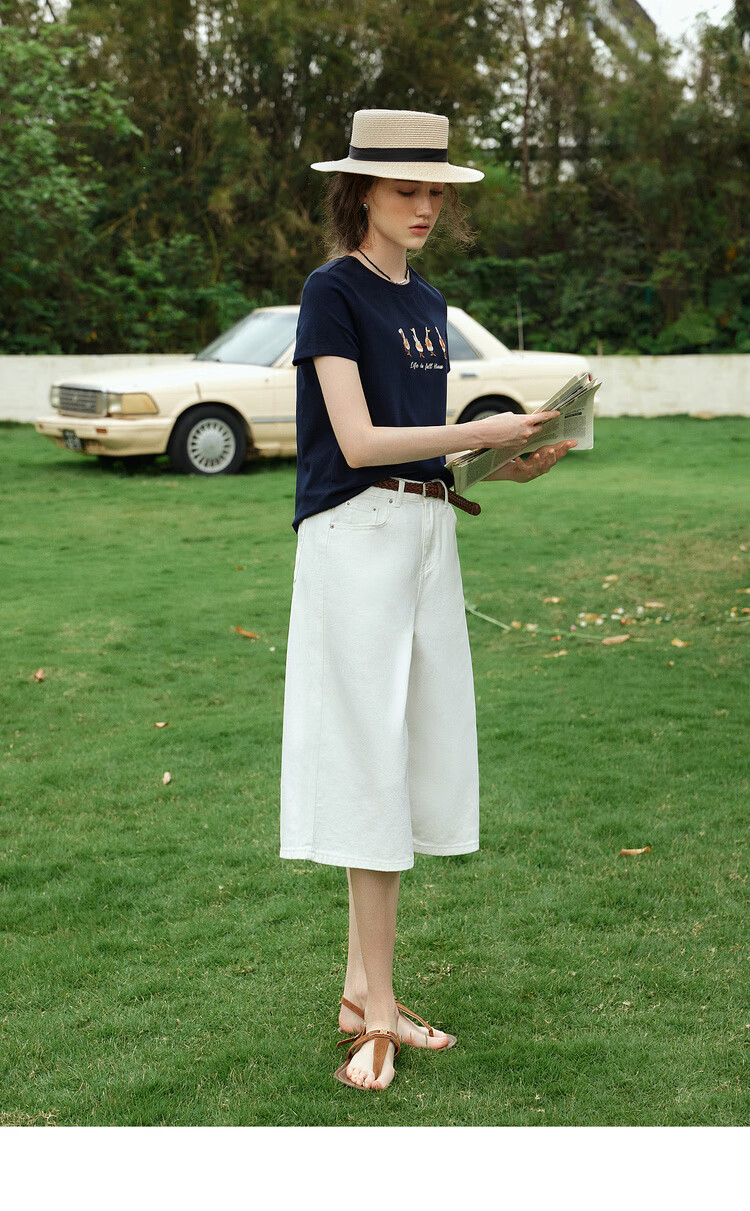 Olrain Eurier New Summer Casual Simple Embroidered Design Crew Neck Pullover Short Sleeve T-Shirt for Women Navy Blue M 12