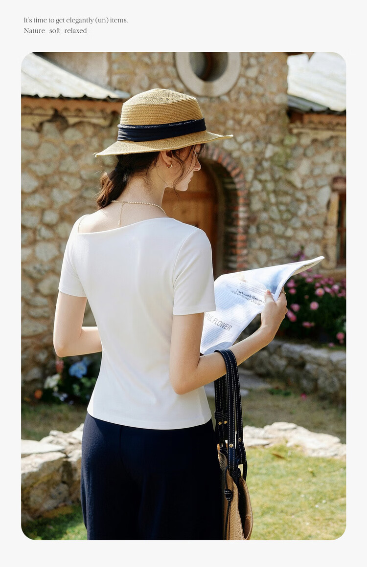 Olrain Eurielle French Lenzing Summer New Irregular Waist Slimming Commuter Short Sleeve T-Shirt Women Top Coffee Color S 7