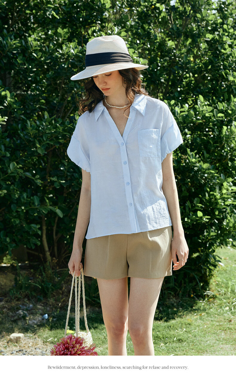 Olrain Eurier Summer New Tencel Puff Sleeve V-Neck Short Sleeve Shirt Women Loose Commuting Top Blue S 9