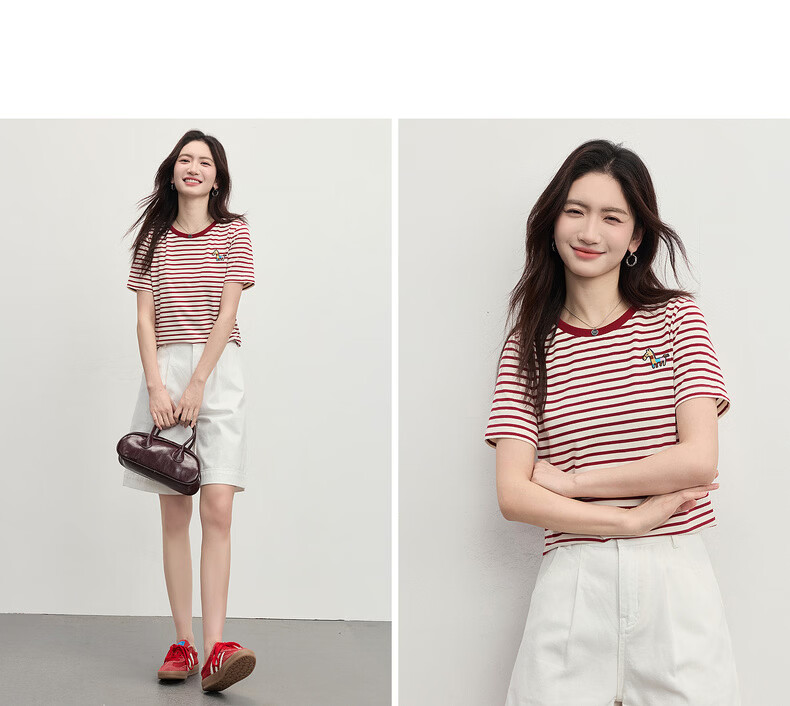 Sllsky Nautical Stripe Short Sleeve T-Shirt Women Summer 2026 New Casual Fashion Colorblock Crew Neck Shoulder Top 17