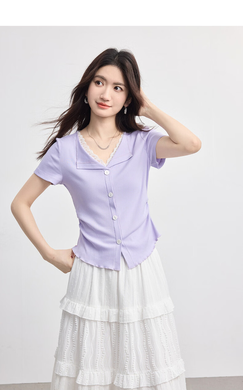 Sllsky Slow Style Lace Splice V-Neck T-Shirt Women Short Sleeve Fashionable Designer Top 2026 Summer New Arrival 13