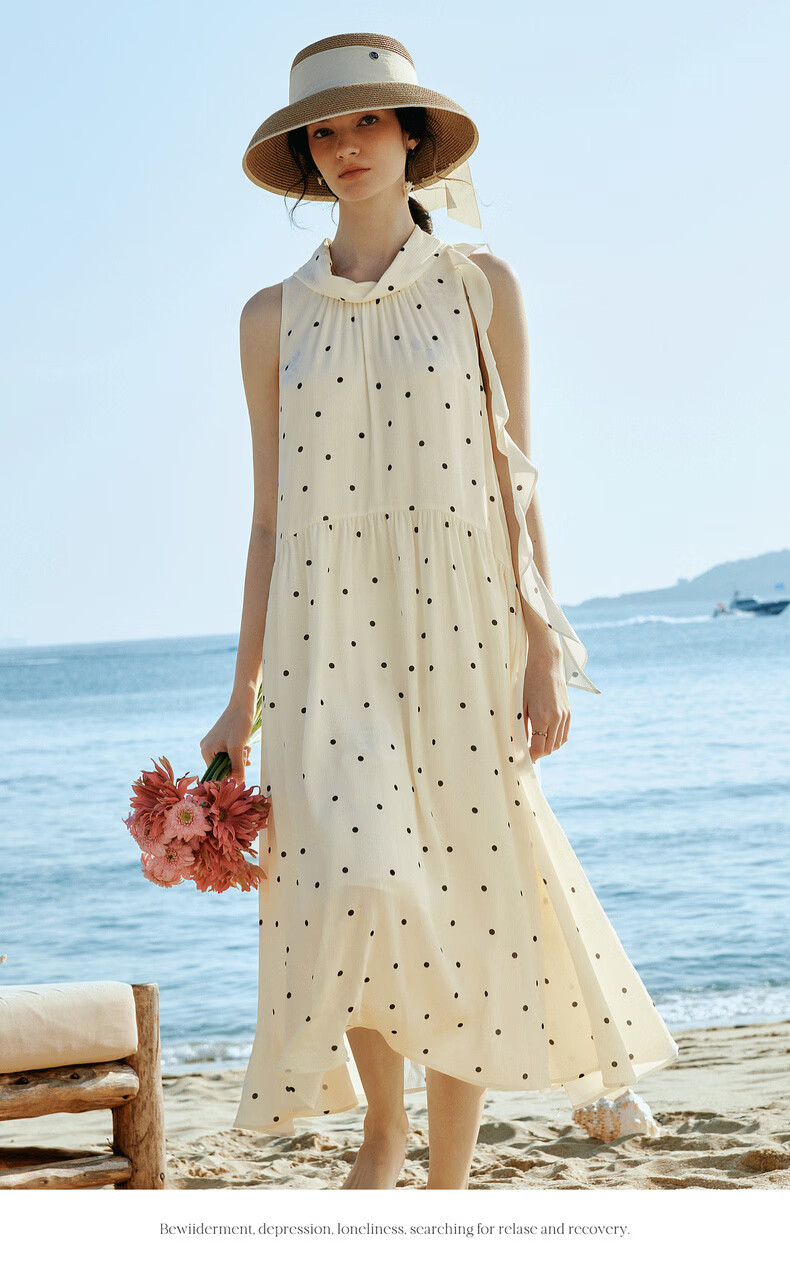 Olrain French Style Polka Dot Ruffled Neck Tie Loose Sleeveless Long Dress for Women, Polka Dot, Size S 9