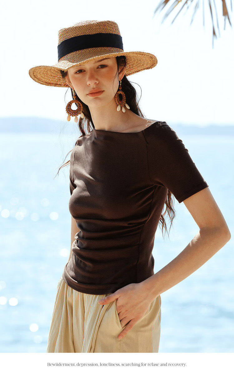 Olrain Eurielle French Lenzing Summer New Irregular Waist Slimming Commuter Short Sleeve T-Shirt Women Top Coffee Color S 9