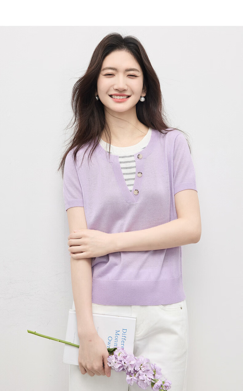 Sllsky Women's Purple Striped Patchwork Knit Top Thin Round Neck Short Sleeve 2026 Summer 14