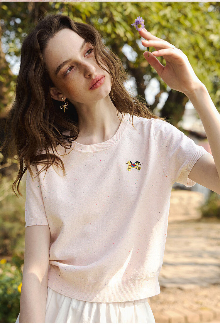 Olrain Casual Simple Color Dot Yarn Pony Embroidery Knit Pullover Women's Summer Top Yellow S 4