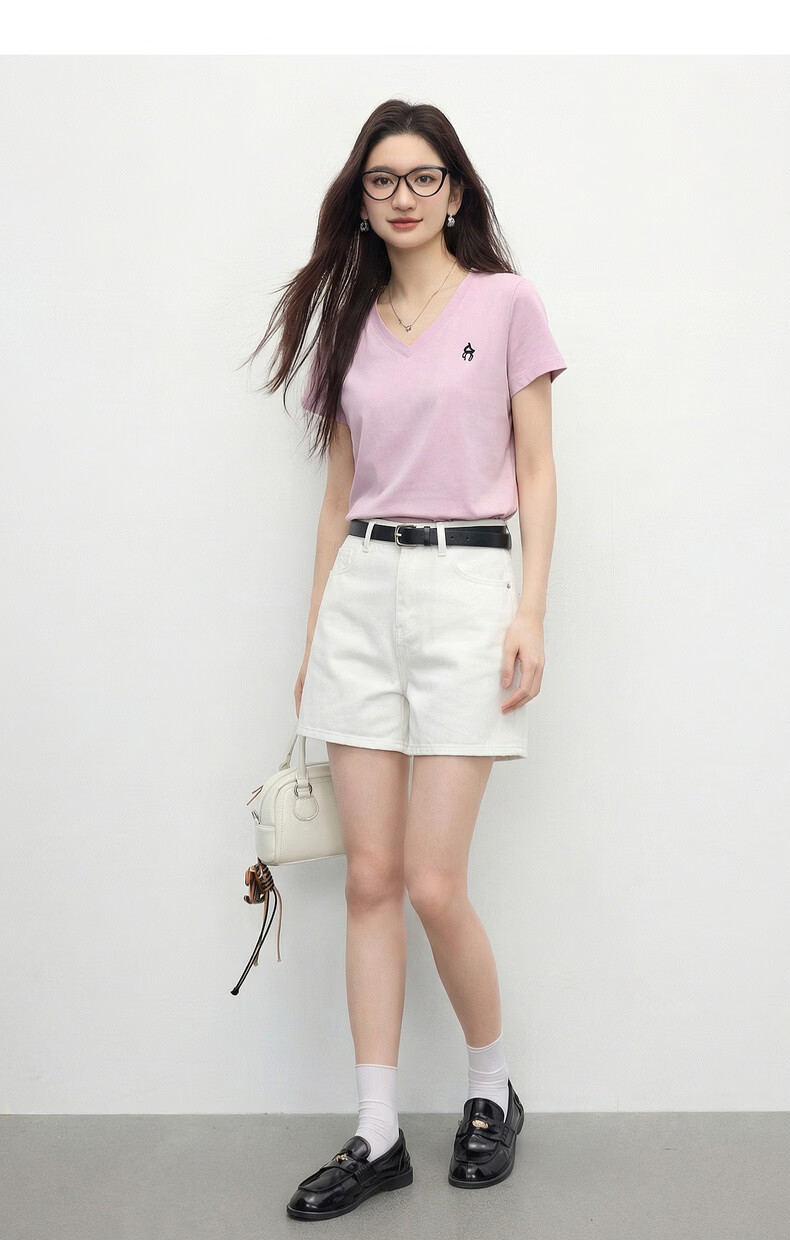 Sllsky Xinjiang Cotton V-Neck Shoulder T-Shirt Women 2026 Summer New Commuter Embroidered Short Sleeve Cool Top 15