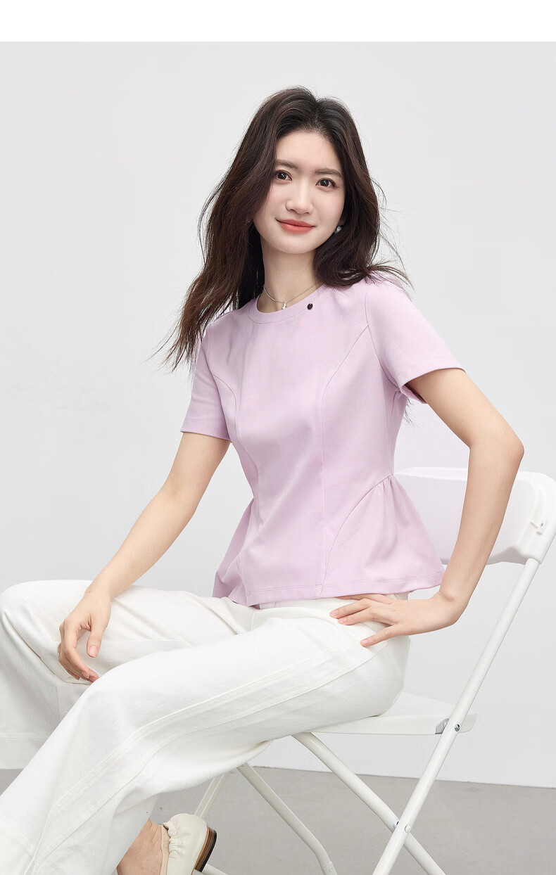 Sllsky Beautiful Pink Purple Short Sleeve T-Shirt Women Summer Round Neck Ruffle Hem Short Shoulder Crop Top 14