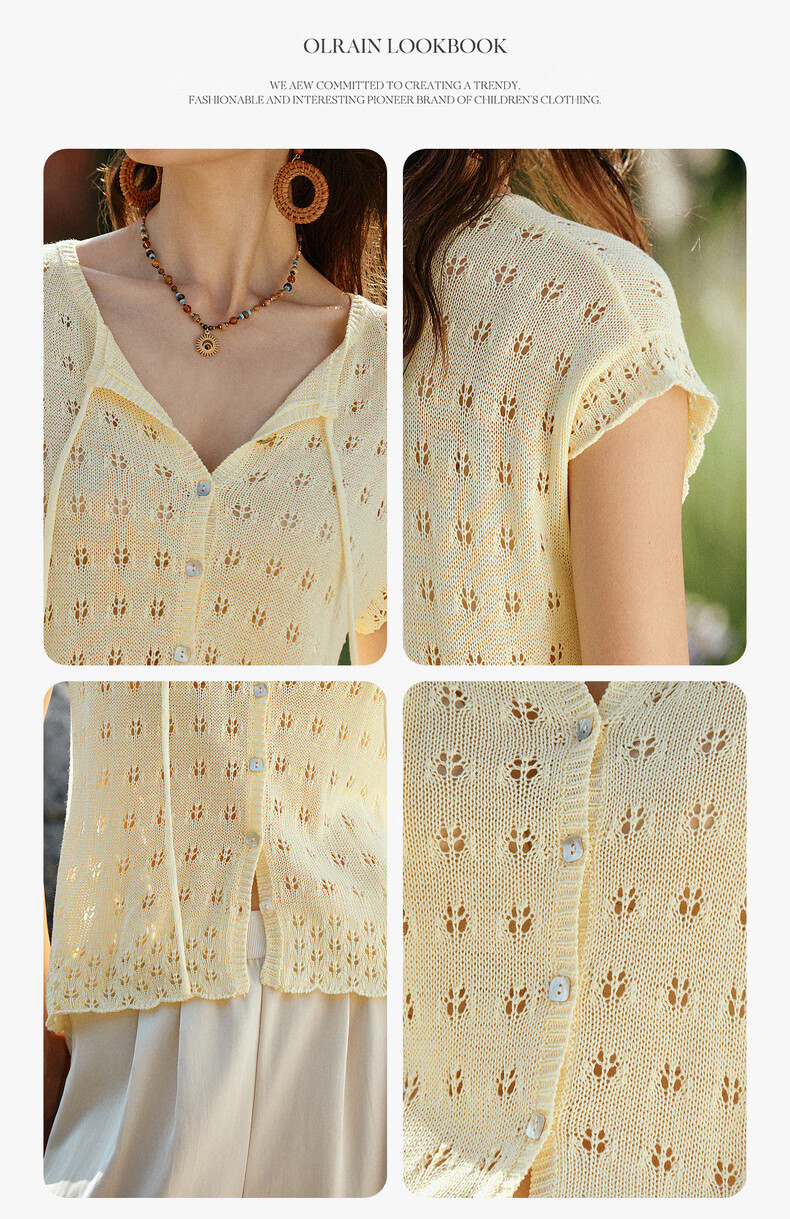 Olrain Summer New Round Neck Tie Single-Breasted Hollow Jacquard Knit Cardigan Women Top Yellow S 6