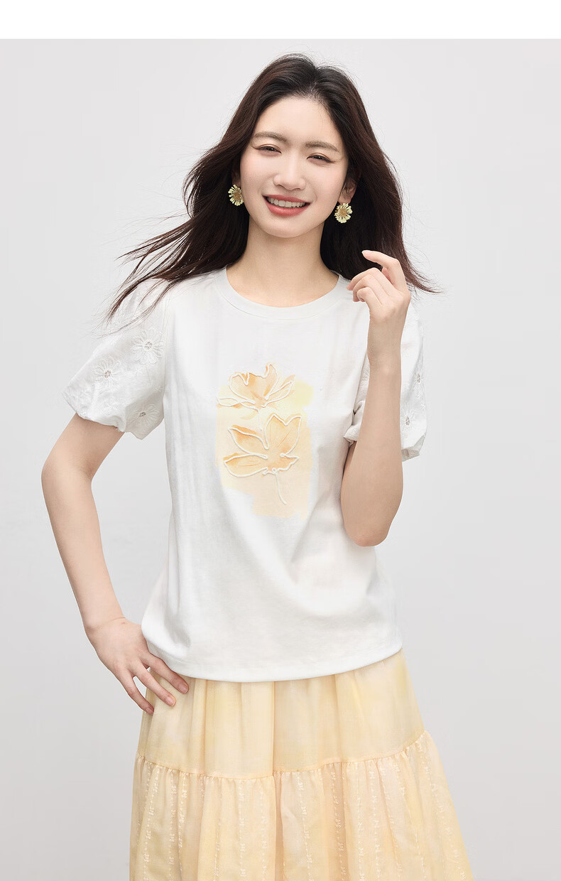 Sllsky "Good Luck Lotus" Bud Short Sleeve T-Shirt Women 2026 Summer Plant Print Crew Neck Top 13
