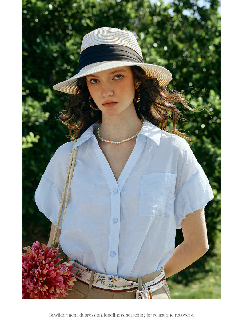 Olrain Eurier Summer New Tencel Puff Sleeve V-Neck Short Sleeve Shirt Women Loose Commuting Top Blue S 14