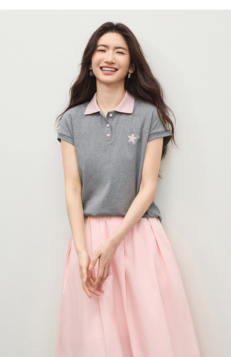 Shangdu Bila Korean Style Colorblock Cotton Polo Collar T-Shirt Women Summer Three-Button Knit Top Loose Slimming Youthful Layering 26