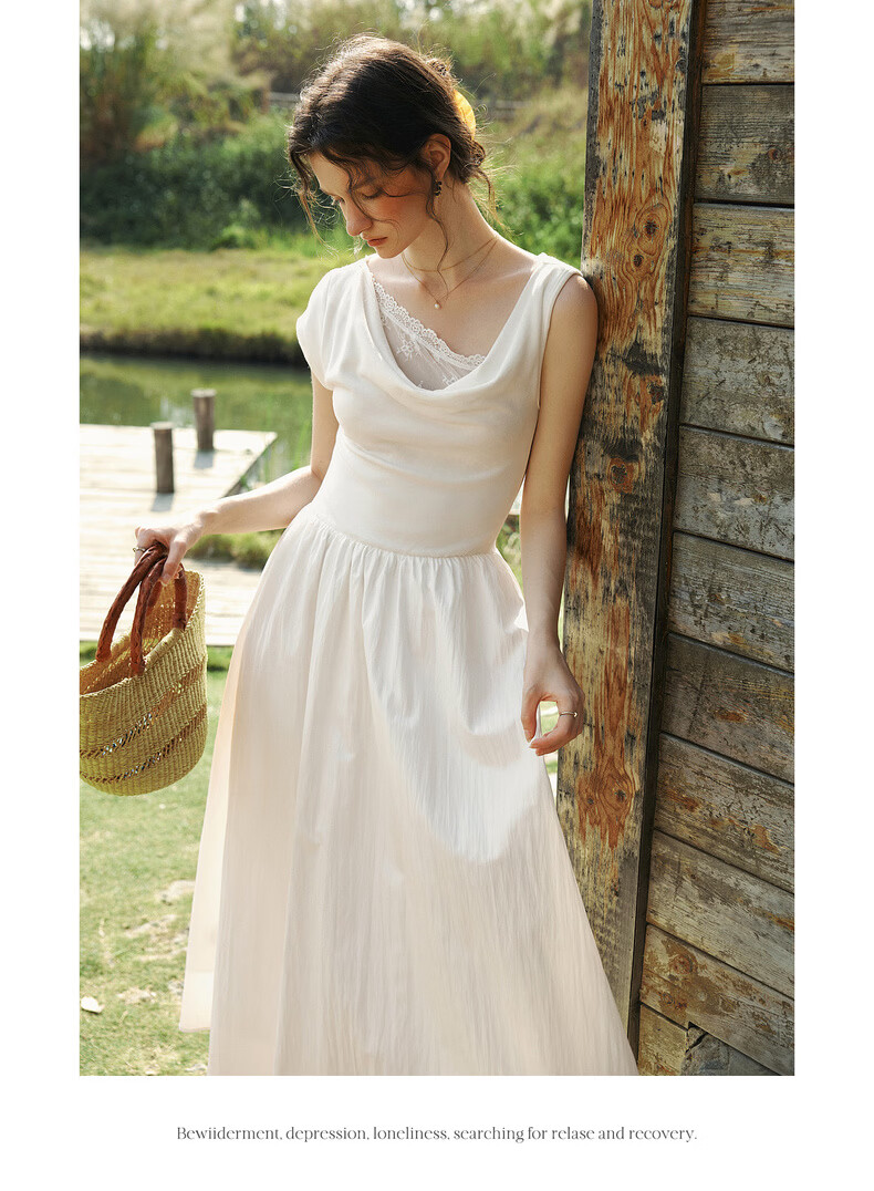Olrain Eurielle Summer Lyocell Dress French Asymmetric Off-Shoulder Lace Splice Waist Dress White L 13