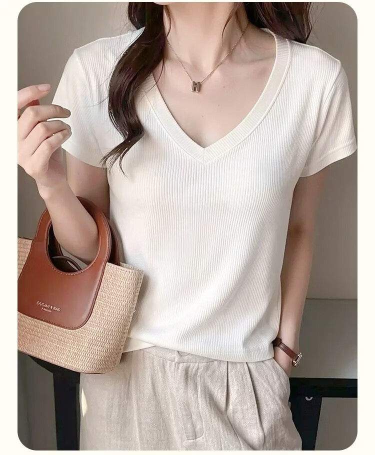 Urban Beauty Solid Color Short Sleeve Women's Summer White V-Neck Slim Fit T-Shirt Base Layer Top [White L] 12