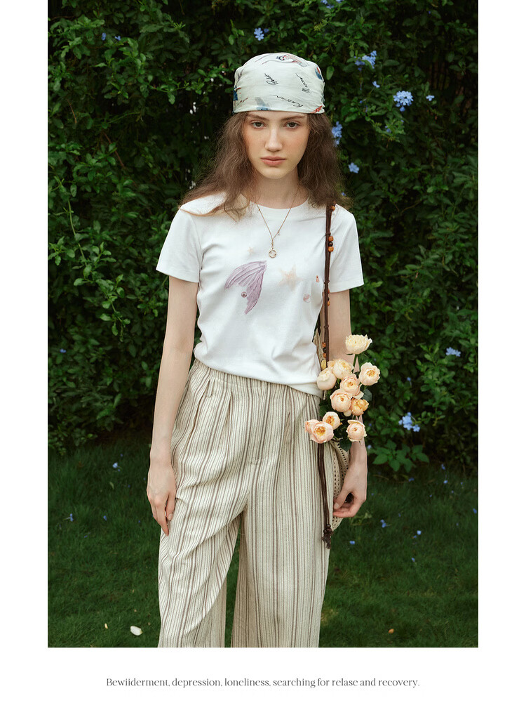 Olrain Eurielle Summer New Fun Colorblock Ocean Print Crew Neck Short Sleeve T-Shirt Women Casual Top White M 14
