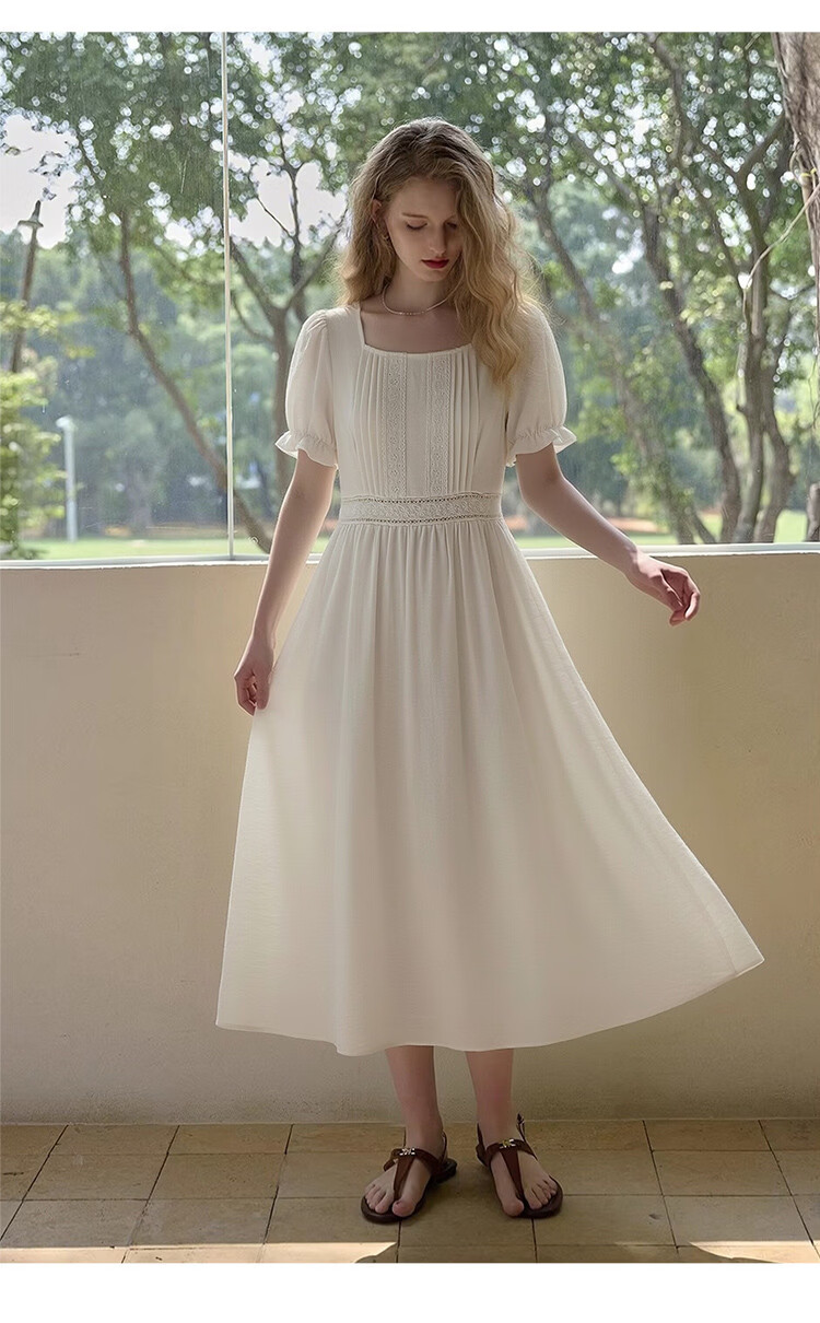 Olrain Lace Short Sleeve Square Neck Dress Summer Women's French Country Mid-Length Dress Off-White M 7