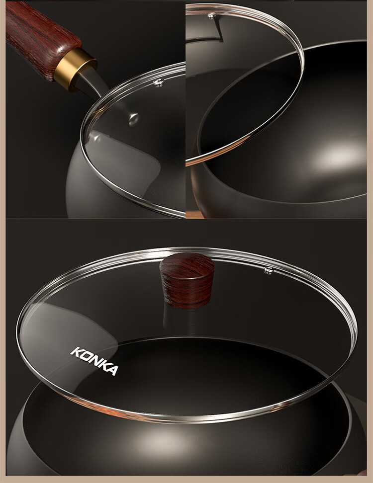 KONKA 30cm Hand-Forged Large Belly Iron Wok Steamer Household Iron Soup and Stir-Fry Pan No Seasoning Required 11