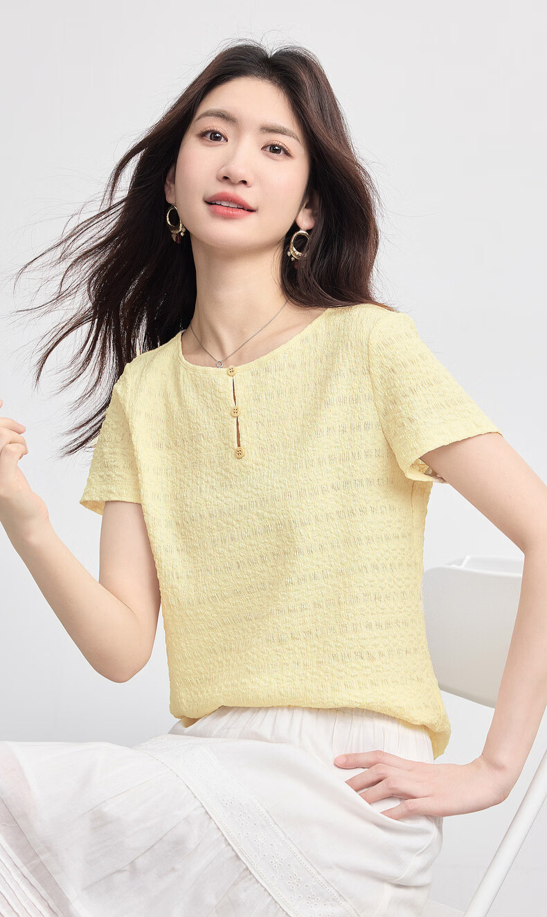 Sllsky Textured Shoulder T-Shirt Short Sleeve Women Summer 2026 New Commuter Casual Petite Crew Neck Top 2