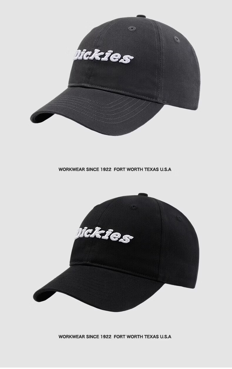Dickies Soft Top Duckbill Cap with Letter Embroidery Unisex Large Head Circumference Slim Face Sunshade Outdoor Baseball Hat Black 13
