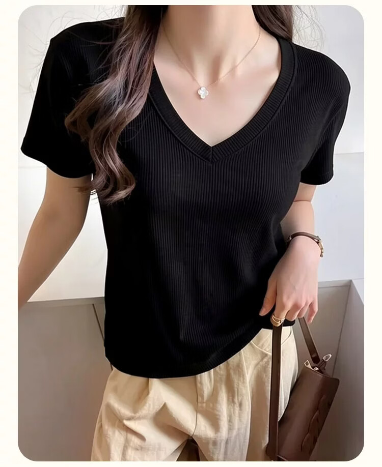 Urban Beauty Solid Color Short Sleeve Women's Summer White V-Neck Slim Fit T-Shirt Base Layer Top [White L] 13