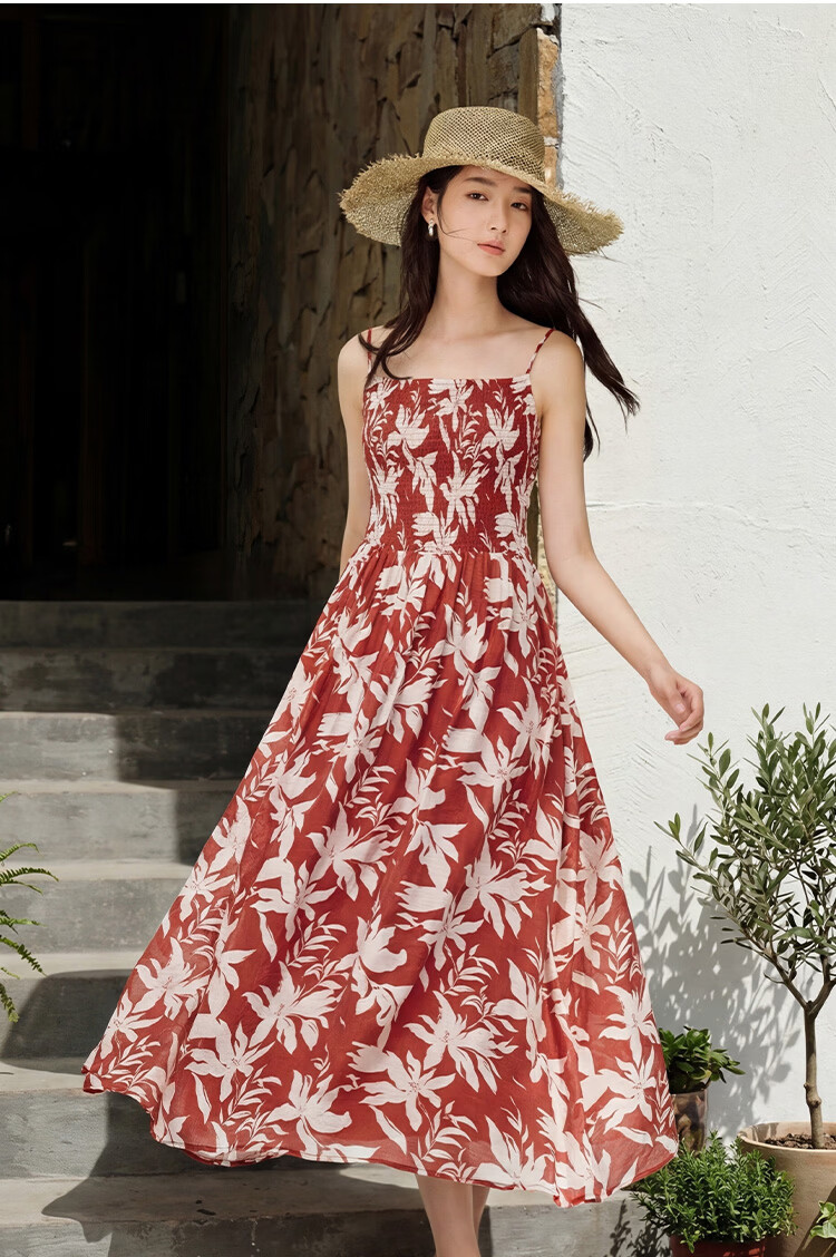 INMAN Floral Dress | Waist-Cinching Spaghetti Strap Floral Dress 2026 Summer New Women's Vacation Dress Klein Blue L 18