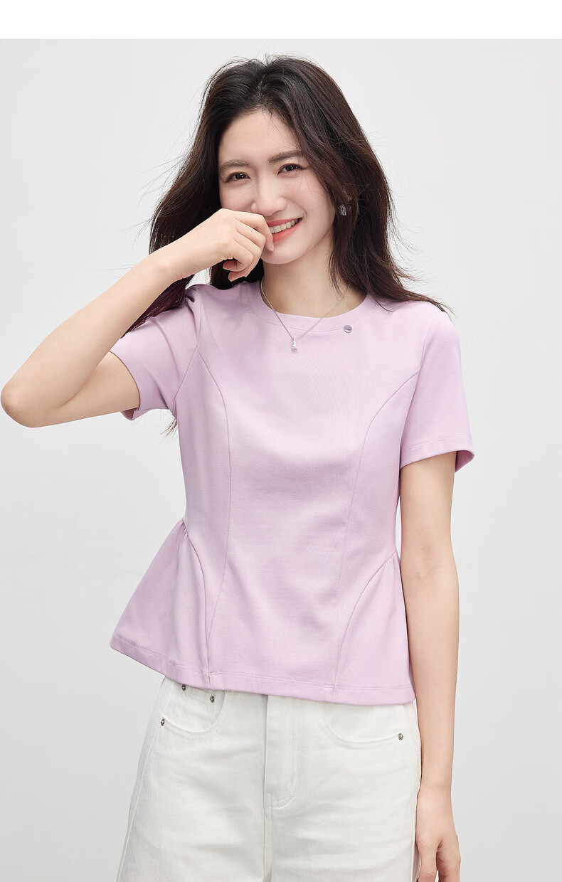 Sllsky Beautiful Pink Purple Short Sleeve T-Shirt Women Summer Round Neck Ruffle Hem Short Shoulder Crop Top 19