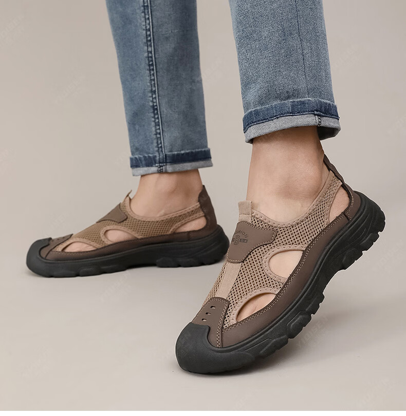 Yidisen Summer Genuine Breathable Water-Resistant Hiking Sandals for Men Hollow Out Beach Shoes Mesh Toe Cap Coffee Color Size 39 22