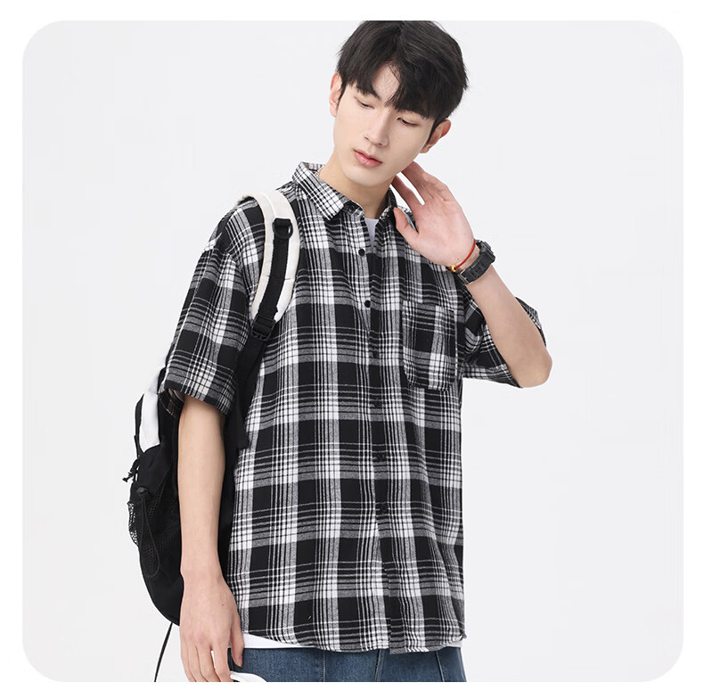 Woodpecker Casual Versatile Plaid Shirt Men 2026 Summer Trendy Ins Thin Loose Short Sleeve Top Black M 16