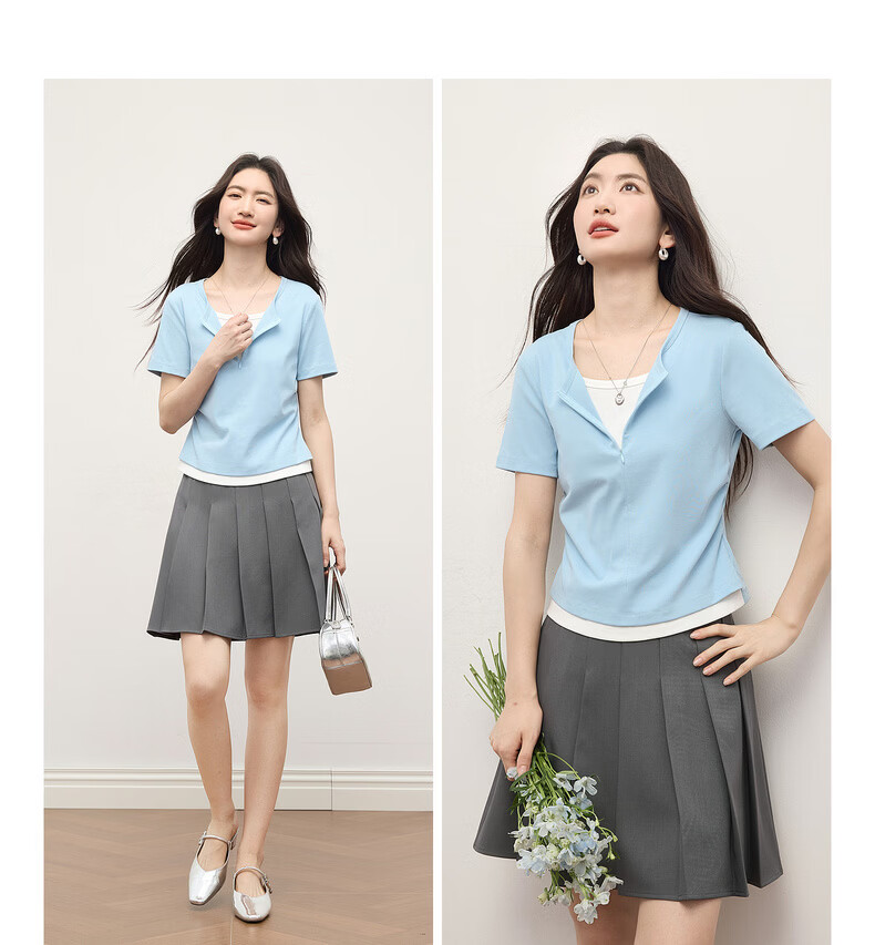 Sllsky Women's Summer 2026 New Slim Fit Shoulder Pleated Waist Short Sleeve Two-Piece Style T-Shirt 7