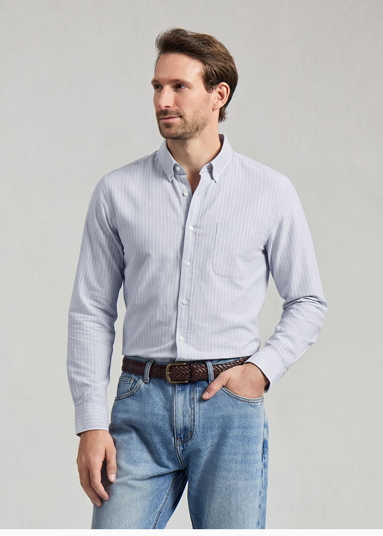 Texwood Deshiwo Apple Standard Shoulder Men's Long Sleeve Striped Casual Shirt Blue S 16