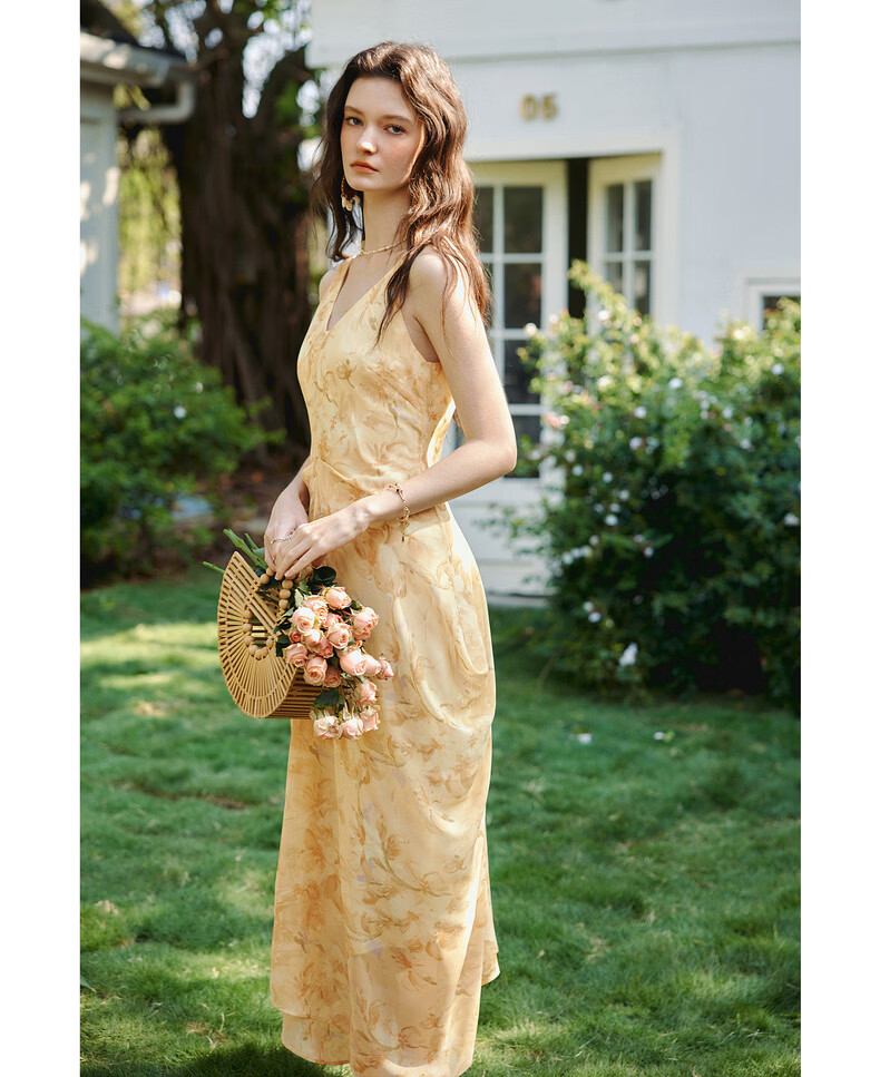 Olrain Oureier Summer New V-Neck Vest Dress Layered Pleated Deconstructed Vacation Style Printed Long Dress Yellow M 13