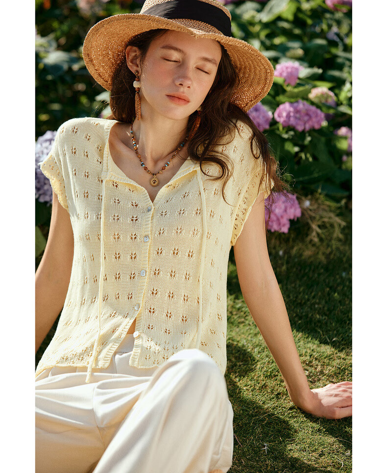 Olrain Summer New Round Neck Tie Single-Breasted Hollow Jacquard Knit Cardigan Women Top Yellow S 13