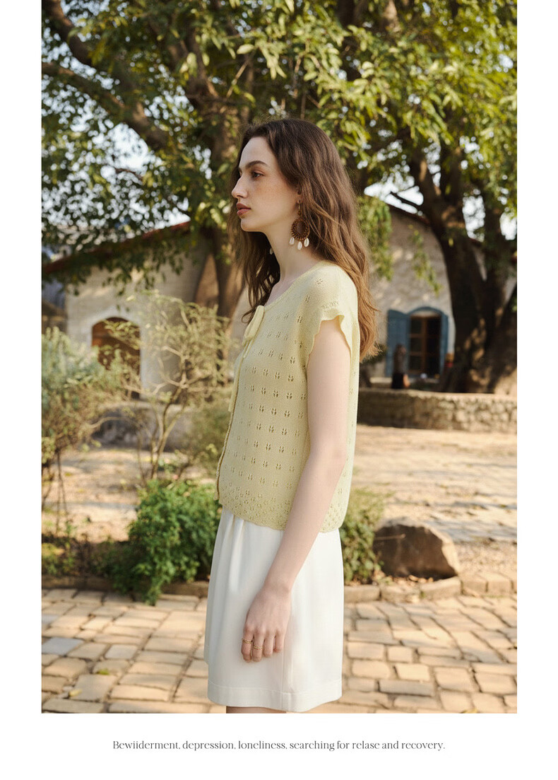 Olrain Summer New Round Neck Tie Single-Breasted Hollow Jacquard Knit Cardigan Women Top Yellow S 11