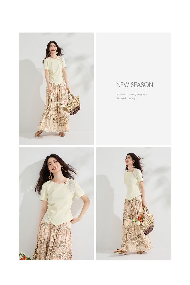 Shangdu Bila Gentle Elegant Cotton Blend T-Shirt Women Summer Beaded Round Neck Lace Splice Stretch Knit Short Sleeve Top 28