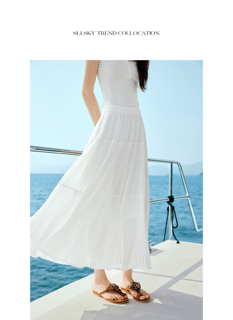 Sllsky Bohemian Chiffon Pleated Midi Skirt Women Summer Lightweight Beach Vacation A-Line Cake Skirt 19