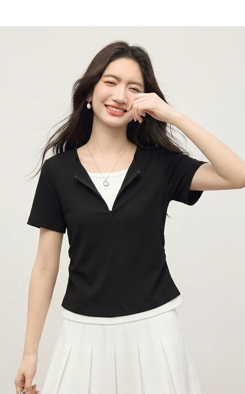 Sllsky Women's Summer 2026 New Slim Fit Shoulder Pleated Waist Short Sleeve Two-Piece Style T-Shirt 19